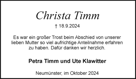 Traueranzeige von Christa Timm von Holsteinischer Courier