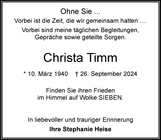 Traueranzeige von Christa Timm von Stormaner Tageblatt
