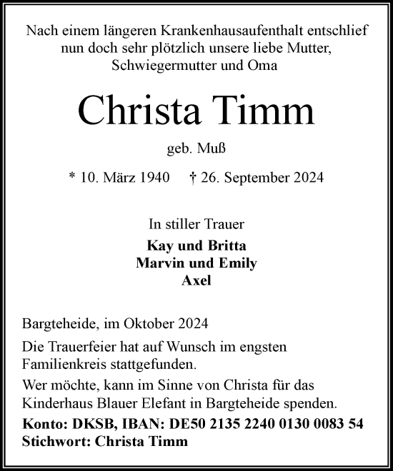 Traueranzeige von Christa Timm von Stormaner Tageblatt
