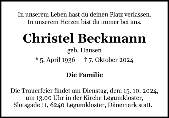 Traueranzeige von Christel Beckmann von Flensburger Tageblatt