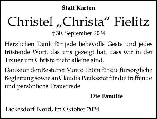 Traueranzeige von Christel Fielitz von Schleswig-Holsteinische Landeszeitung