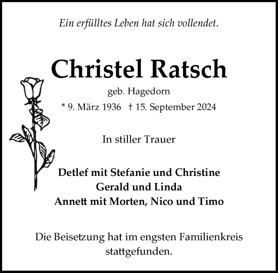 Traueranzeige von Christel Ratsch von Stormaner Tageblatt