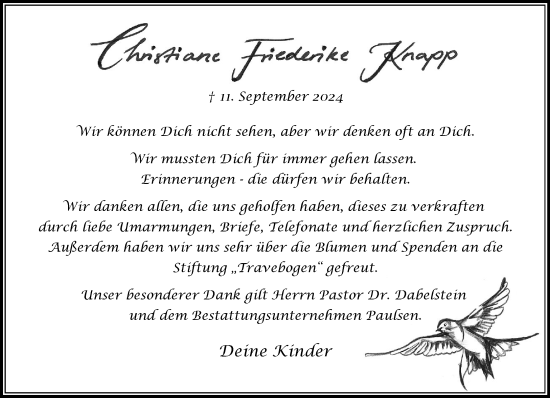 Traueranzeige von Christian Friederike Knapp von Stormaner Tageblatt