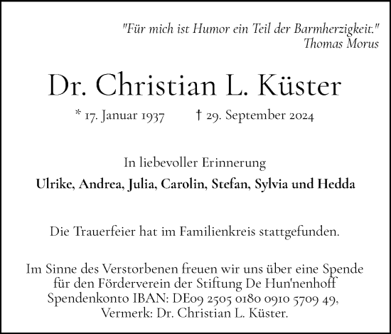 Traueranzeige von Christian L. Küster von Wedel-Schulauer Tageblatt, tip Wedel-Schulauer Tageblatt, tip Rissener Rundschau
