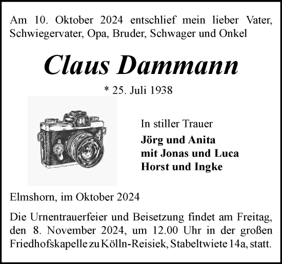 Traueranzeige von Claus Dammann von Elmshorner Nachrichten, Barmstedter Zeitung
