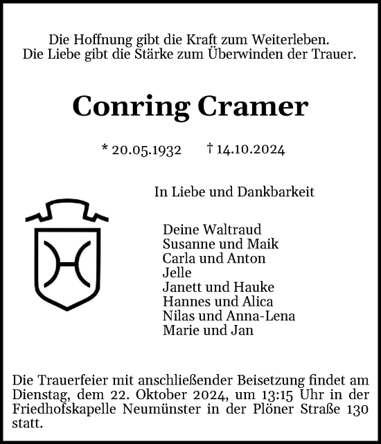 Traueranzeige von Conring Cramer von Holsteinischer Courier