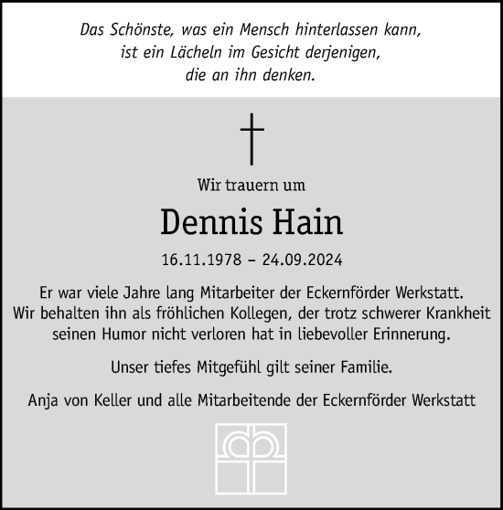 Traueranzeige von Dennis Hain von Eckernförder Zeitung, Hallo Eckernförde