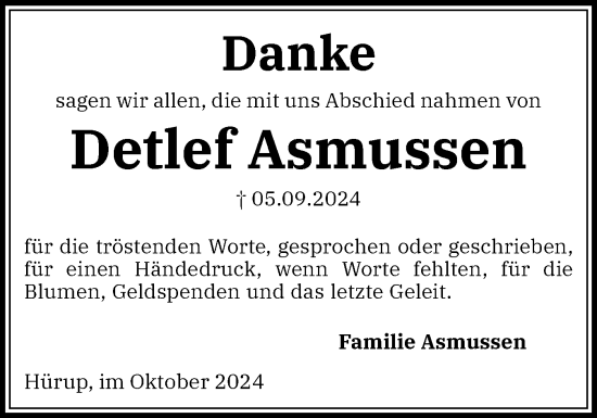 Traueranzeige von Detlef Asmussen von Flensburger Tageblatt