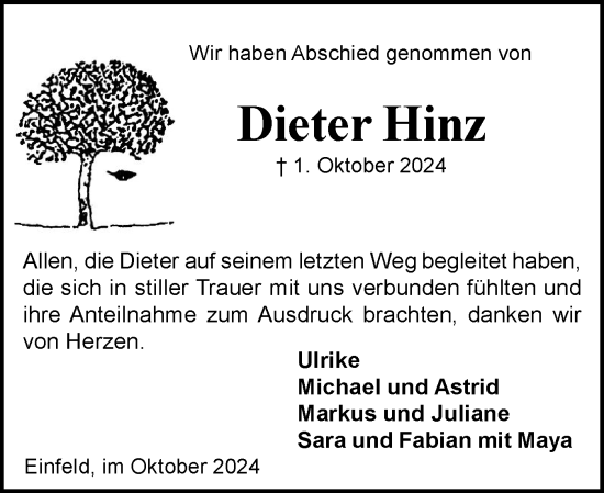 Traueranzeige von Dieter Hinz von Holsteinischer Courier