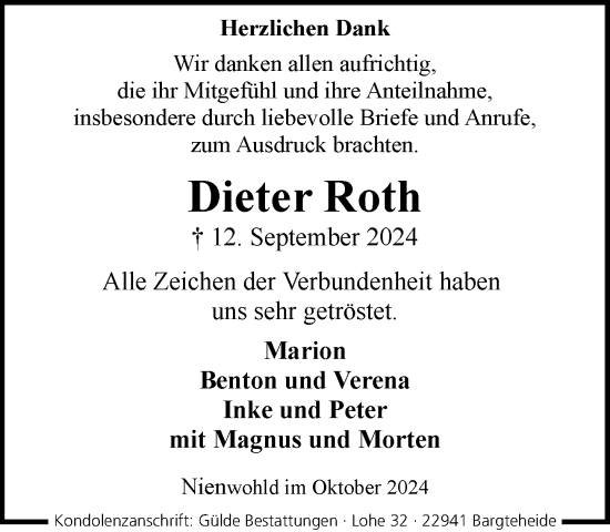 Traueranzeige von Dieter Roth von Stormaner Tageblatt