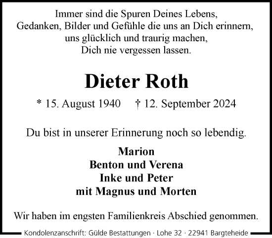 Traueranzeige von Dieter Roth von Stormaner Tageblatt