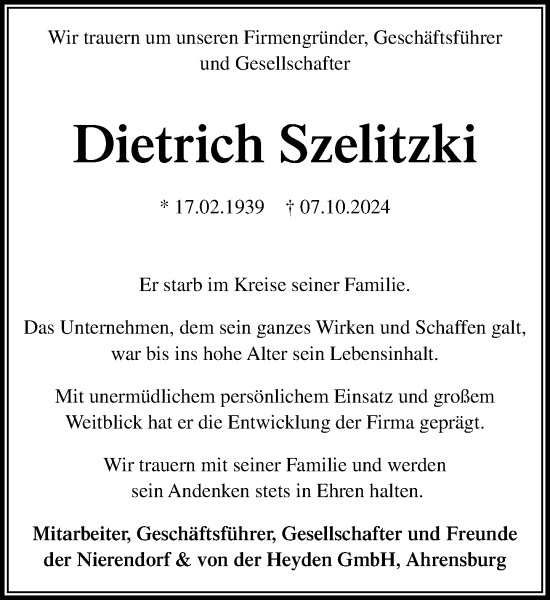 Traueranzeige von Dietrich Szelitzki von Stormaner Tageblatt
