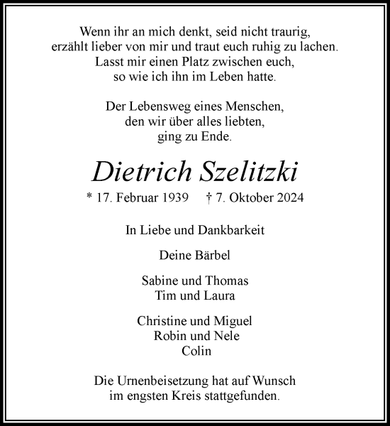 Traueranzeige von Dietrich Szelitzki von Stormaner Tageblatt