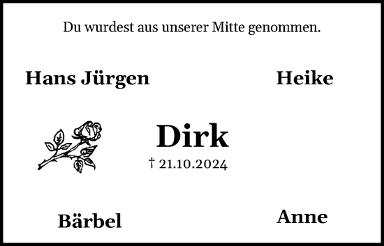 Traueranzeige von Dirk  von Flensburger Tageblatt