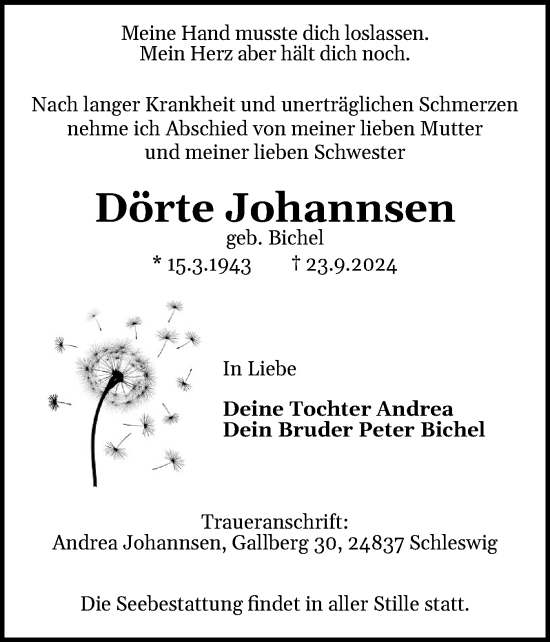 Traueranzeige von Dörte Johannsen von Schleswiger Nachrichten, Schlei-Bote