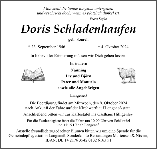 Traueranzeige von Doris Schladenhaufen von Region Flensburg