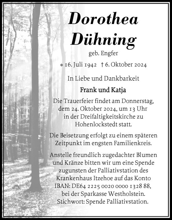 Traueranzeige von Dorothea Dühning von Norddeutsche Rundschau, Wilstersche Zeitung, Glückstädter Fortuna