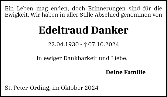 Traueranzeige von Edeltraud Danker von Husumer Nachrichten, Nordfriesland Tageblatt