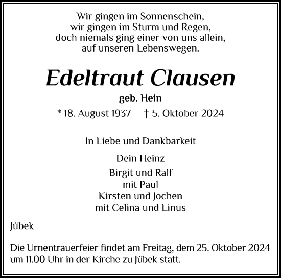 Traueranzeige von Edeltraut Clausen von Schleswiger Nachrichten, Schlei-Bote