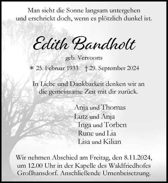 Traueranzeige von Edith Bandholt von Stormaner Tageblatt