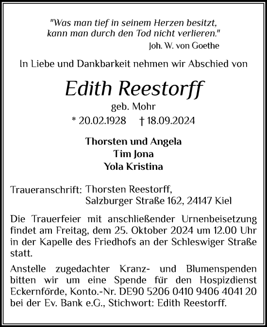 Traueranzeige von Edith Reestorff von Eckernförder Zeitung, Hallo Eckernförde