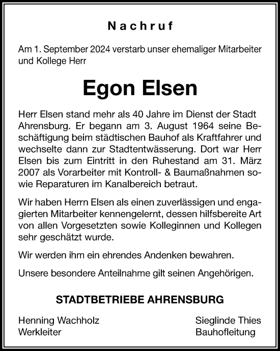 Traueranzeige von Egon Elsen von Stormaner Tageblatt