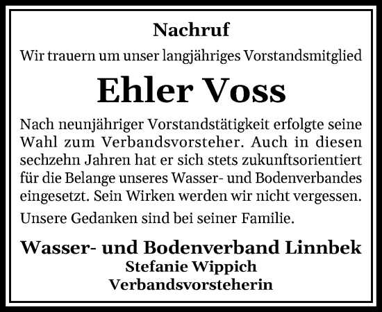 Traueranzeige von Ehler Voss von Schleswig-Holsteinische Landeszeitung