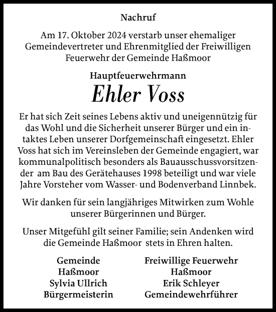 Traueranzeige von Ehler Voss von Schleswig-Holsteinische Landeszeitung