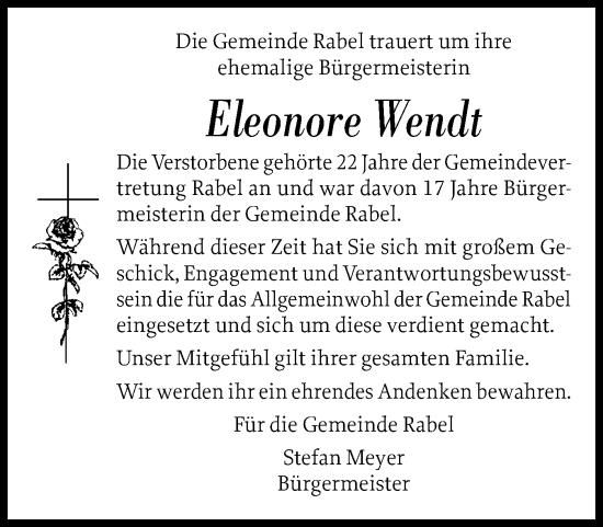 Traueranzeige von Eleonore Wendt von Flensburger Tageblatt, Schleswiger Nachrichten, Schlei-Bote