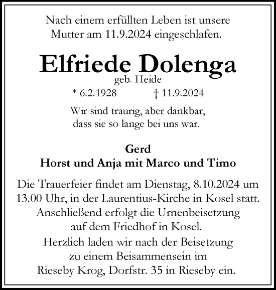 Traueranzeige von Elfriede Dolenga von Eckernförder Zeitung, Hallo Eckernförde
