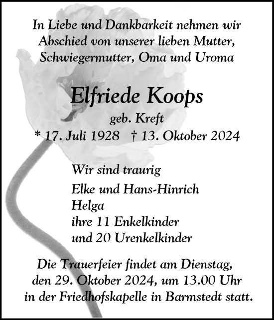 Traueranzeige von Elfriede Koops von Elmshorner Nachrichten, Barmstedter Zeitung