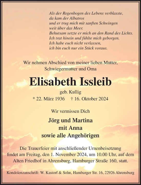 Traueranzeige von Elisabeth Issleib von Stormaner Tageblatt