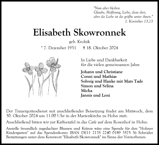 Traueranzeige von Elisabeth Skowronnek von Schleswig-Holsteinische Landeszeitung