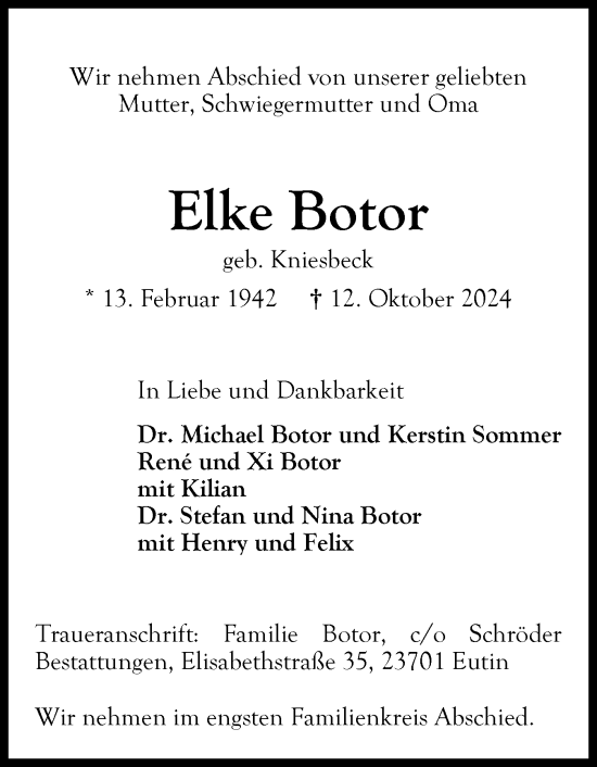 Traueranzeige von Elke Botor von Ostholsteiner Anzeiger