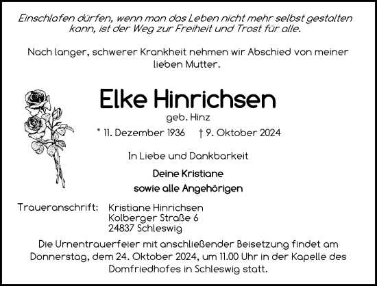 Traueranzeige von Elke Hinrichsen von Schleswiger Nachrichten, Schlei-Bote