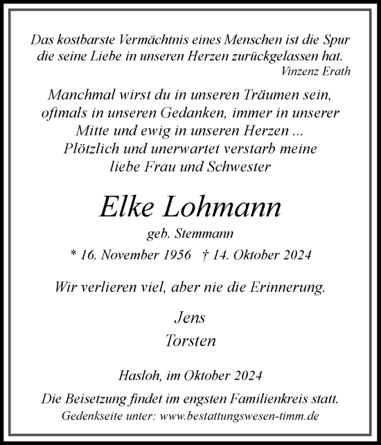 Traueranzeige von Elke Lohmann von Region Pinneberg und tip Pinneberg