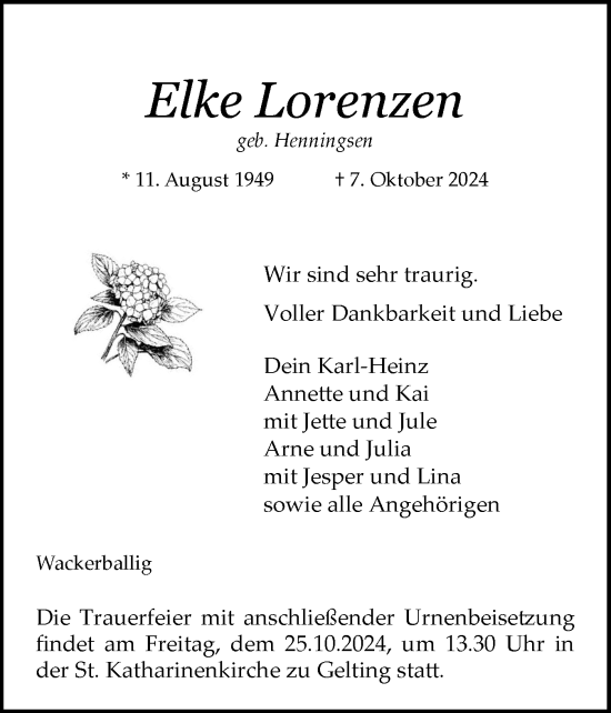 Traueranzeige von Elke Lorenzen von Flensburger Tageblatt