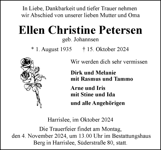 Traueranzeige von Ellen Christine Petersen von Flensburger Tageblatt