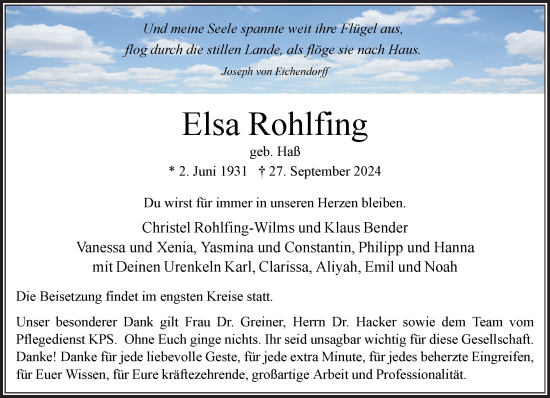 Traueranzeige von Elsa Rohlfing von Stormaner Tageblatt