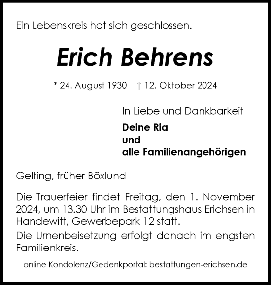 Traueranzeige von Erich Behrens von Flensburger Tageblatt
