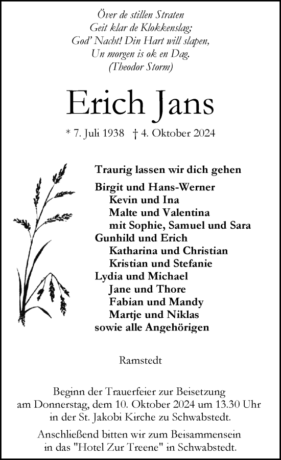 Traueranzeige von Erich Jans von Husumer Nachrichten, Nordfriesland Tageblatt
