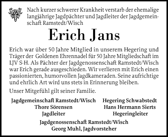 Traueranzeige von Erich Jans von Husumer Nachrichten, Nordfriesland Tageblatt