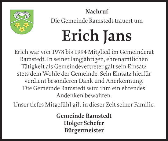 Traueranzeige von Erich Jans von Husumer Nachrichten, Nordfriesland Tageblatt