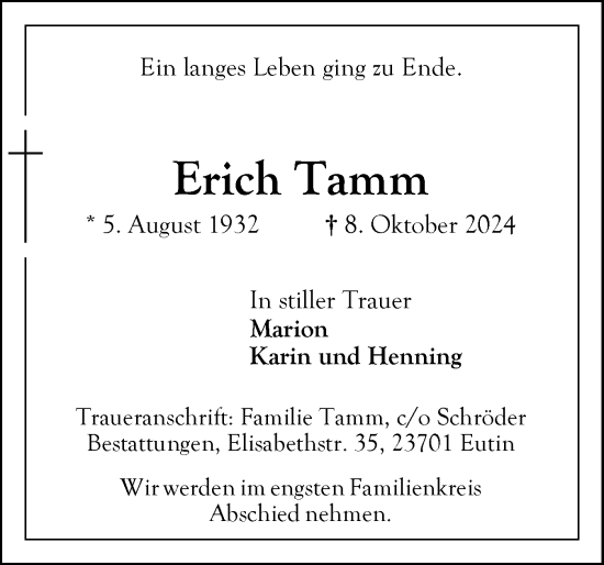 Traueranzeige von Erich Tamm von Ostholsteiner Anzeiger