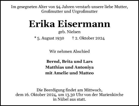 Traueranzeige von Erika Eisermann von Schleswiger Nachrichten, Schlei-Bote