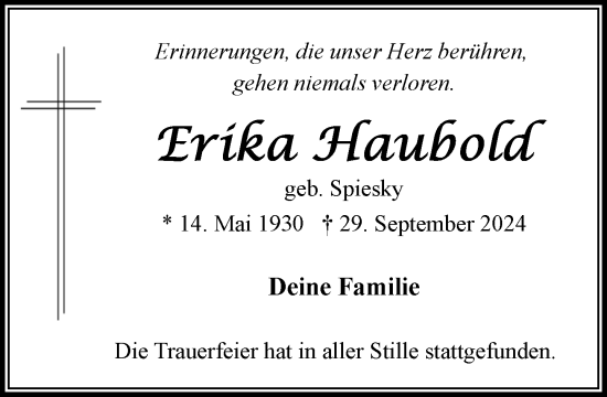 Traueranzeige von Erika Haubold von Stormaner Tageblatt