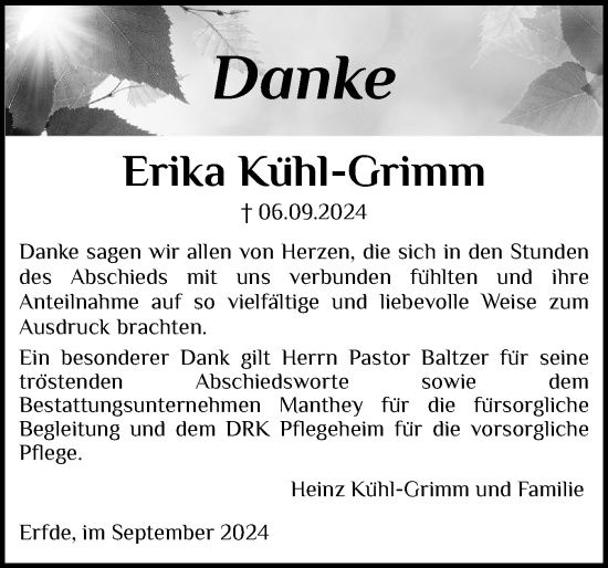 Traueranzeige von Erika Kühl-Grimm von Schleswig-Holsteinische Landeszeitung