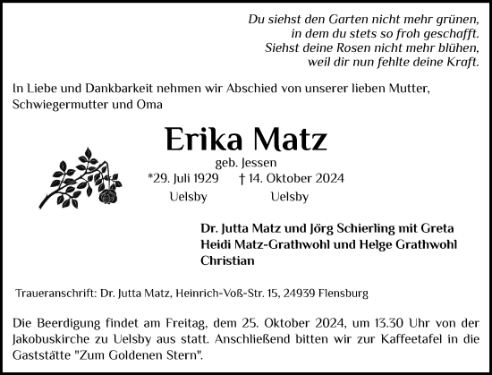 Traueranzeige von Erika Matz von Schleswiger Nachrichten, Schlei-Bote
