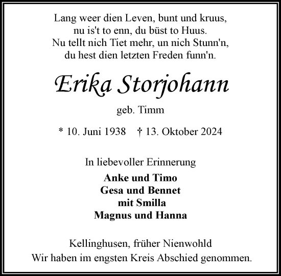 Traueranzeige von Erika Storjohann von Stormaner Tageblatt