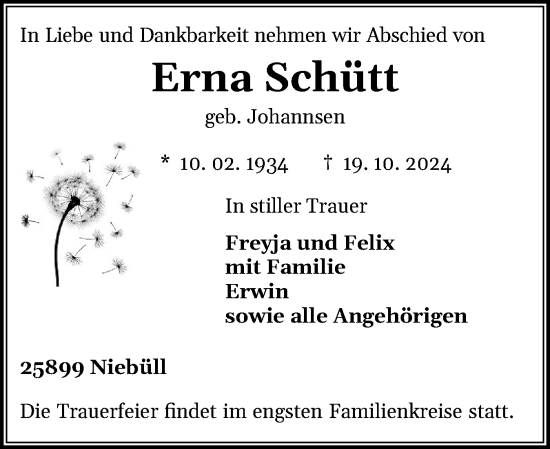 Traueranzeige von Erna Schütt von Husumer Nachrichten, Nordfriesland Tageblatt